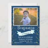 Foto van Blue and Gold Third Birthday Kaart (Voorkant)