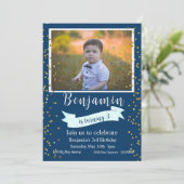 Foto van Blue and Gold Third Birthday Kaart (Staand voorkant)