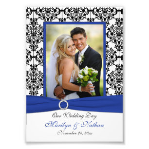 Foto van Blue, Black, White Damask Weddenschap Afdruk