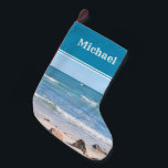 Foto van Blue Ocean Waves Sandy Beach Kleine Kerstsok<br><div class="desc">Deze prachtige kous heeft een mooie foto van de oceaan. Kan met naam of monogram worden aangepast.</div>
