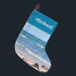 Foto van Blue Ocean Waves Sandy Beach Kleine Kerstsok<br><div class="desc">Deze prachtige kous heeft een mooie foto van de oceaan. Kan met naam of monogram worden aangepast.</div>