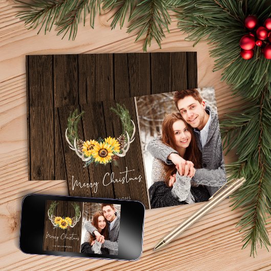 Foto van Boho Kerstsunflower Wreath Holiday Feestdagenkaart