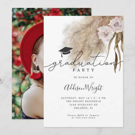 Foto van Boho Pampas Grass Gradution Party Kaart (Voorkant / Achterkant)