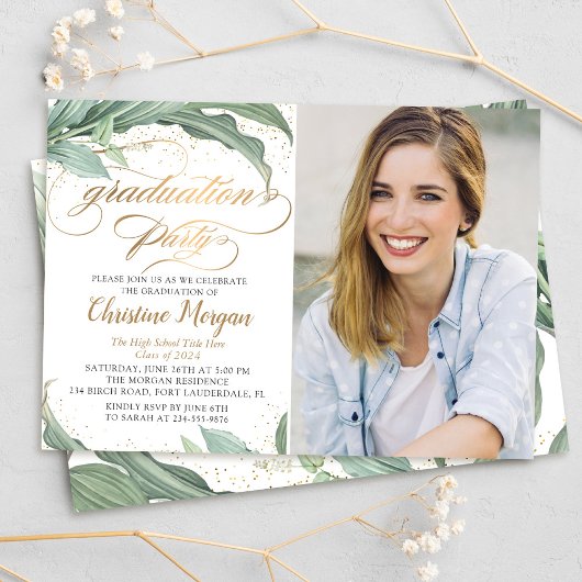 Foto van botanische Gold Script Graduation Party Kaart