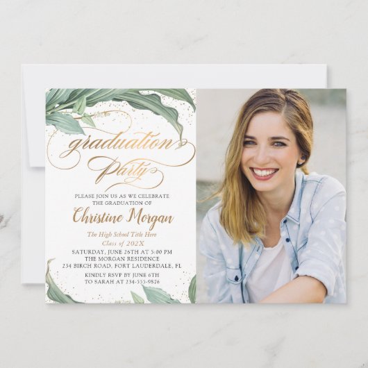Foto van botanische Gold Script Graduation Party Kaart (Voorkant)