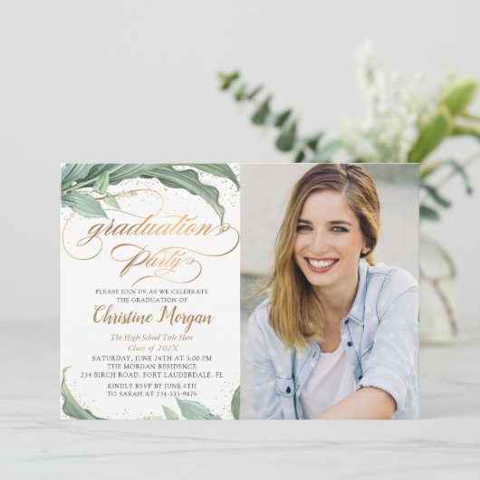 Foto van botanische Gold Script Graduation Party Kaart (Staand voorkant)
