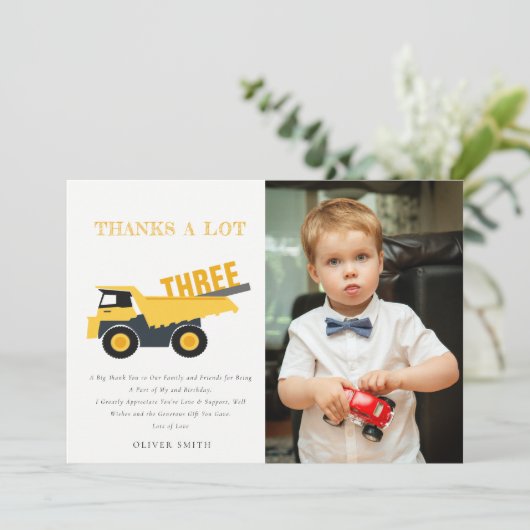 Foto van bouw dump truck verjaardag elke leeftijd bedankkaart (Staand voorkant)