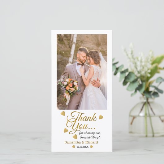 Foto van Bride en Groom Weddenschap Gold Script Bedankkaart (Staand voorkant)