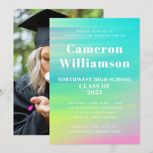 Foto van Bright Abstracte Waterverf Graduation Par Kaart (Voorkant / Achterkant)