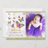 Foto van Bright Butterfly First Birthday Party Kaart (Voorkant)