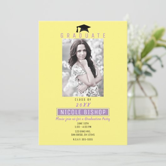 Foto van Bright Fun Paars Yellow Afstuderen Kaart (Staand voorkant)