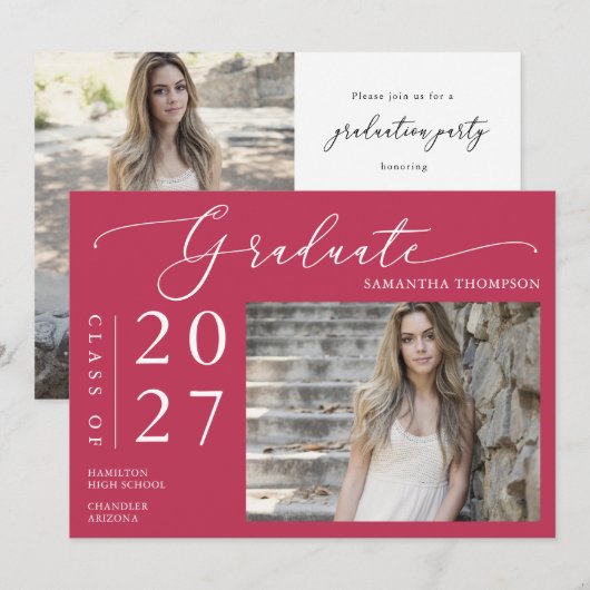 Foto van Bright Magenta Minimalist School Afstuder Kaart (Voorkant / Achterkant)