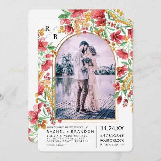 Foto van Bright Pink Yellow Floral Arch Wedding Kaart (Voorkant / Achterkant)