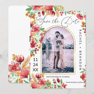 Foto van Bright Pink Yellow Floral Arch Wedding Save The Date