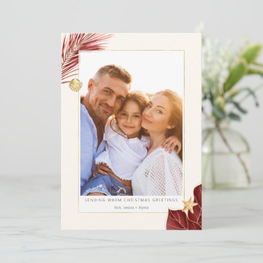 Foto van Burgundy en Gold Tropical Greenery Feestdagenkaart (Staand voorkant)