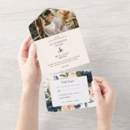 Foto van Chic Blush Pink en Navy Blue Floral Weddi All In One Uitnodiging