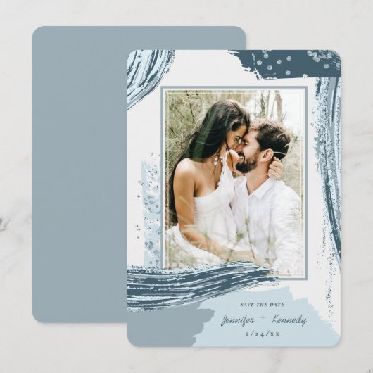 Foto van Chic Dusty Blue Abstract Paint Save The Date (Voorkant / Achterkant)
