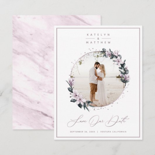 Foto van Chic Magnolia Floral & Mauve Circle Frame Save The Date (Voorkant / Achterkant)