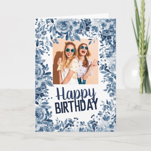 Foto van Chic navy blue floral Happy Kaart (Voorkant)