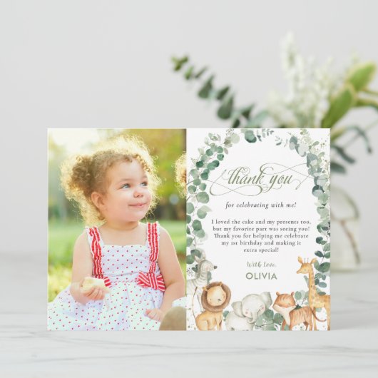 Foto van Chic Oerwoud Animals Greenery 1st Birthda Bedankkaart (Staand voorkant)