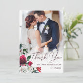 Foto van Chic Wedding Floral Red Rose Maroon Bedankkaart (Staand voorkant)