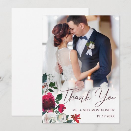 Foto van Chic Wedding Floral Red Rose Maroon Bedankkaart (Voorkant / Achterkant)