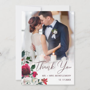 Foto van Chic Wedding Floral Red Rose Maroon Bedankkaart