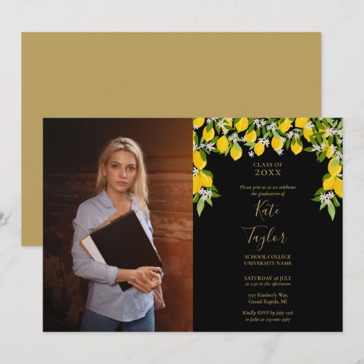Foto van citroenen zwart en goud afstudeerfeest kaart (Voorkant / Achterkant)