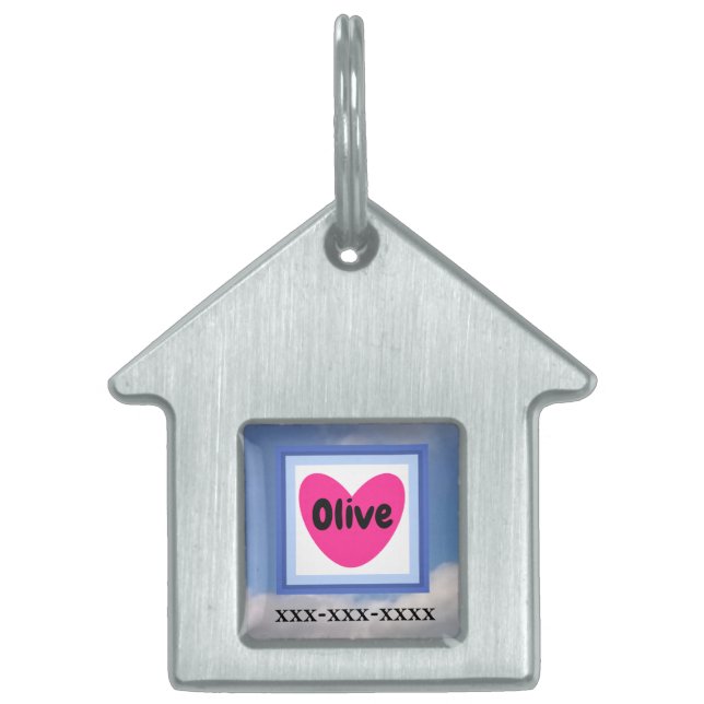 Foto van Cloudy Sky met naam in roze hartverwarmin Huisdieren Naamplaatje (Voorkant)