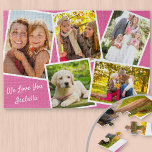 Foto van Collage 5 Pictures and Custom Text - Pink Legpuzzel<br><div class="desc">Personalized jigsaw puzzle - add 5 of your favorite foto's and your custom text. The design features a foto collage of 5 pictures, each with a white frame. The foto's are on pink background and your custom wording is lettered in neat script typography. The sample wording reads "we love you...</div>
