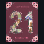 Foto van Collage Big 21st Birthday Pink Flower Wom Poster<br><div class="desc">Creëer een eenentwintigste verjaardag zes foto's collage in een twintigtal eerste vorm. Verkleurd met mooie en mooie waterverf bloemen en groen bladeren. Geweldig 21ste verjaardag cadeau voor vrouwen. Speciaal nummer 21 fotocollage voor een uniek en zeer speciaal product.</div>