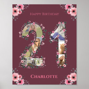 Foto van Collage Big 21st Birthday Pink Flower Wom Poster