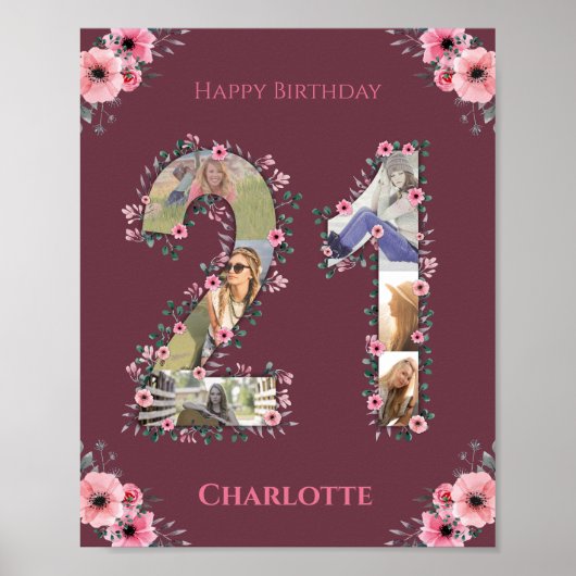 Foto van Collage Big 21st Birthday Pink Flower Wom Poster (Voorkant)