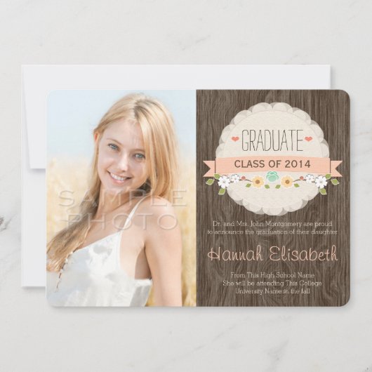 Foto van Coral Rustic Floral Afstuderen Kaart (Voorkant)