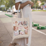 Foto van Cute 1st Moederdag Tote Bag<br><div class="desc">Kute gepersonaliseerde moederdag canvas tas met acht familiefoto's van het kind,  het leuke gezegde "gelukkige eerste moederdag met liefde",  een roze hart,  en de naam van het kind.</div>