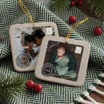 Foto van Cute Delivery Parcel Baby Geboortedatum Keramisch Ornament<br><div class="desc">Een schattige en unieke geboorteaankondiging van de baby houdt het ornament in om je kerstboom te versieren. Het zorgt ook voor een unieke gave voor het gezin om te koesteren. Viel de komst van je jongste familielid met ons eenvoudige kerstpakket.. ... met kerstversiering. Het ontwerp is voorzien van een faux-bruine...</div>