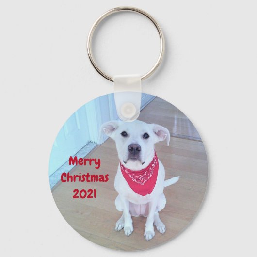 Foto van Cute Dog met grappige blik op Ears Red Sleutelhanger (Voorkant)
