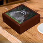 Foto van Cute Forest Raccoon Wildlife Cadeaudoosje<br><div class="desc">Winkel trinkets,  sieraden en andere kleine keepenkoeken in deze houten cadeaudoos met keramische tegel met het foto-afbeelding van een schattig,  bosRaccoon dat voor de camera is gepolijst. Selecteer de grootte en kleur van het cadeauvakje.</div>