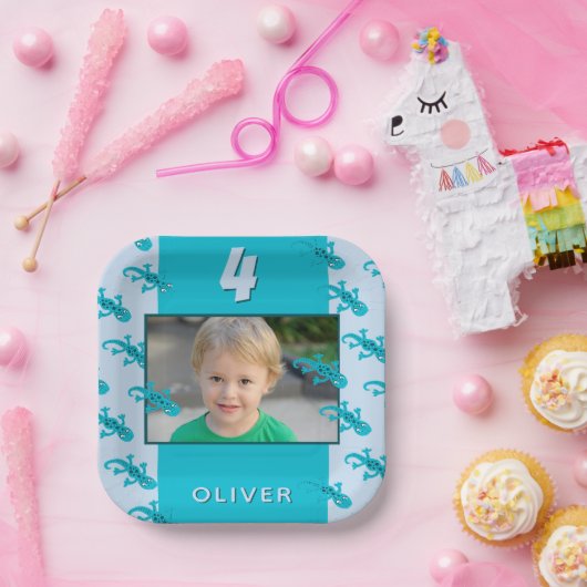 Foto van Cute Gecko Lizard Kind Birthday Papieren Bordje (Feest)