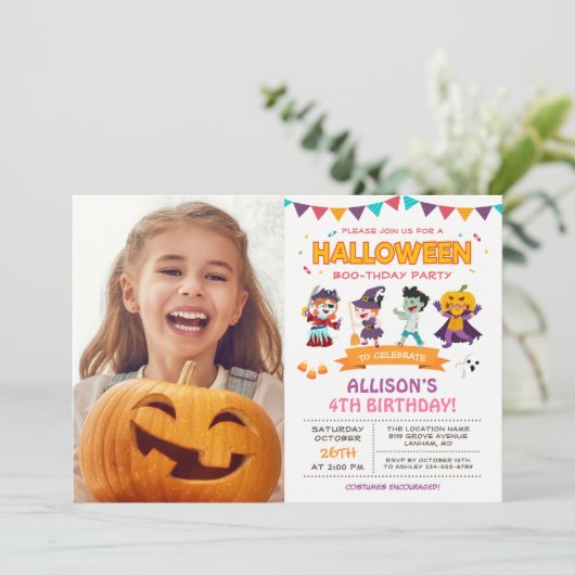 Foto van Cute Girl Kinder Halloween Birthday Kaart (Staand voorkant)