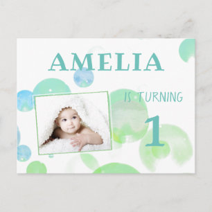 Foto van Cute Green Blue Bubbles 1st Birthday Uitnodiging Briefkaart