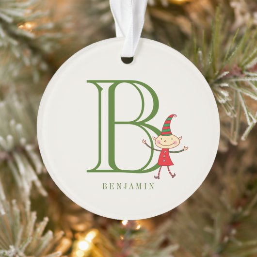 Foto van Cute Kerstmis Elf Monogram Holiday Kind Ornament (Boom)