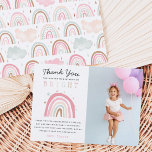 Foto van Cute Pastel Rainbow Girls Birthday Bedankkaart<br><div class="desc">Het verjaardagsfeest van Cute kind bedankt je fotokaart met een handgetekende illustratie van een pastelregenboog met sterren. In de tekst staat: "Bedankt dat je mijn verjaardag zo slim hebt gemaakt." De achterkant van de kaart is een regenboogpatroon met witte wolken en regendruppels. Ideaal voor de verjaardag van een meisje.</div>
