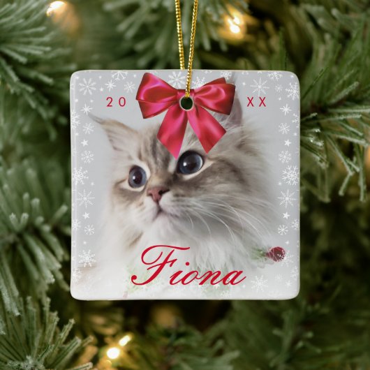 Foto van Cute Pet | Snowflake Lijst en lintbow Keramisch Ornament (Boom)