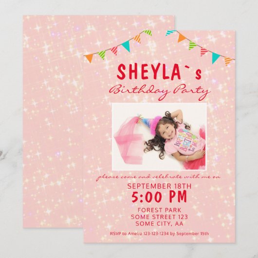 Foto van Cute Pink Glitter Girly Birthday Kaart (Voorkant / Achterkant)