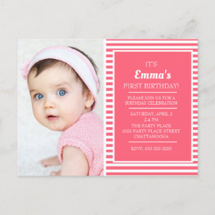 Foto van Cute Pink White Striped Girl's Birthday Briefkaart