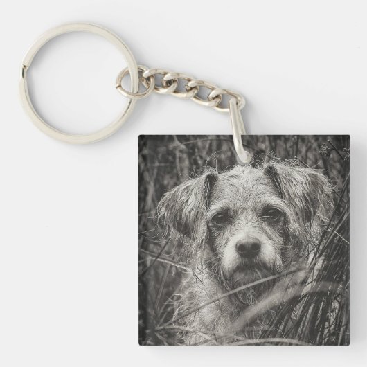 Foto van Cute Puppy Black en Whie Portret Sleutelhanger (Voorkant)