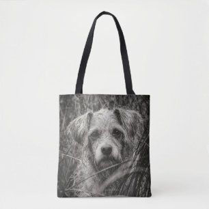 Foto van Cute Puppy Black en Whie Portret Tote Bag