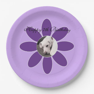 Foto van Cute Puppy Dog in Paars Bloed Lijst Papieren Bordje