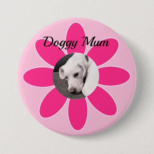 Foto van Cute Puppy Dog in Roze Mum Lijst Button (Voorkant)